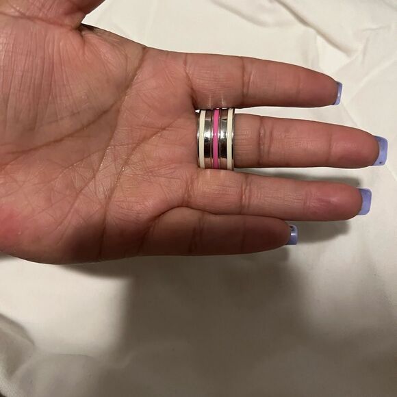 Lia Sophia SilverTone Pink & White Stripe Enamel Band Statement Ring Size 10 - Picture 3 of 4